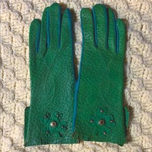 VINTAGE Leather & Nylon Green Occasion Gloves